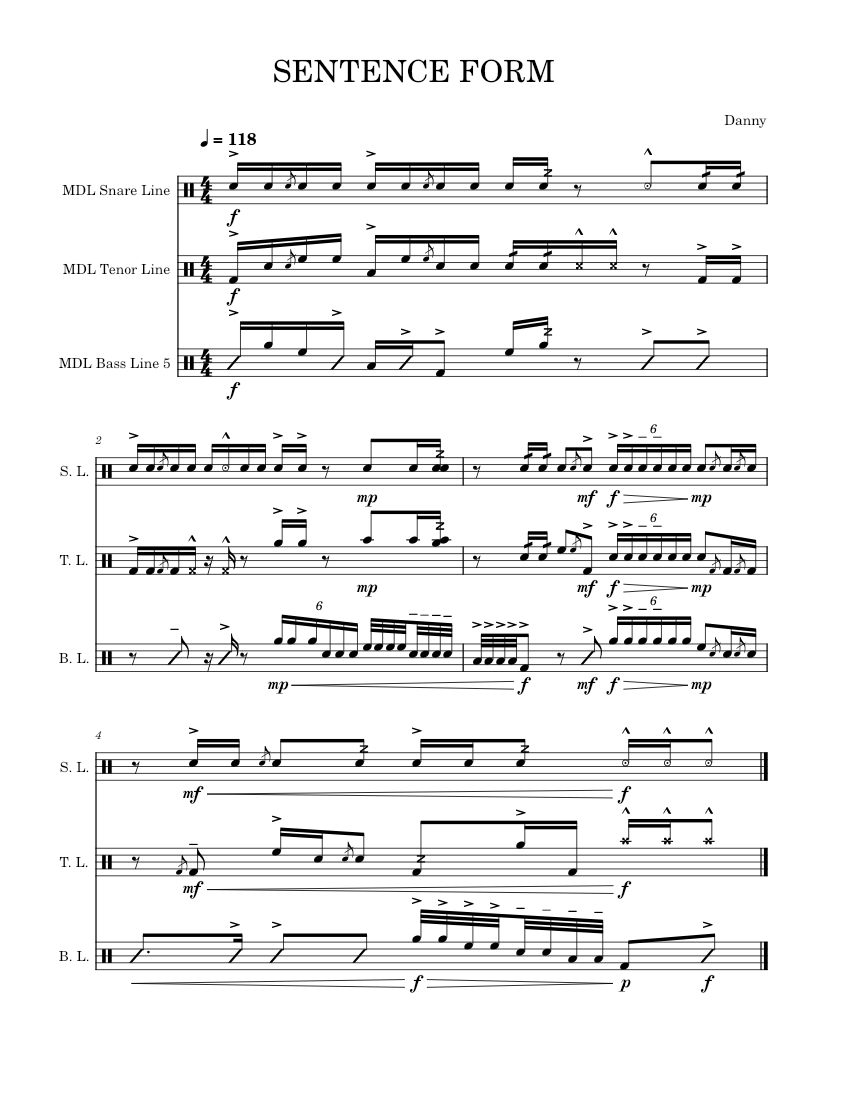 SENTENCE FORM Sheet music for Snare drum, Tenor drum, Bass drum