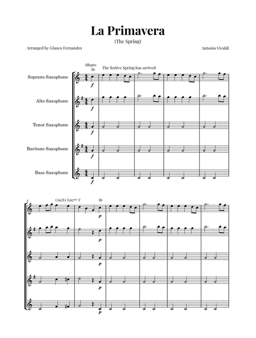 La Primavera (The Spring) by Vivaldi - Saxophone Quintet with Chord Notations (Arr. Glauco Fernandes) - Antonio Vivaldi (Woodwind Ensemble)