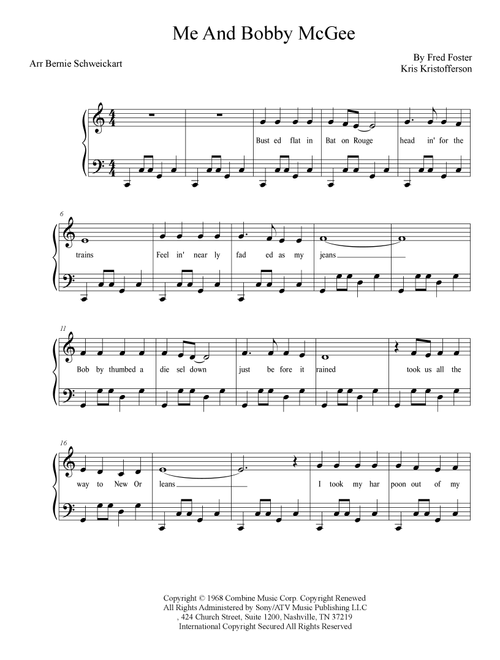 Me And Bobby Mcgee (Arr. Bernie Schweickart) - Janis Joplin (Piano-Vocal-Guitar (Piano Accompaniment))