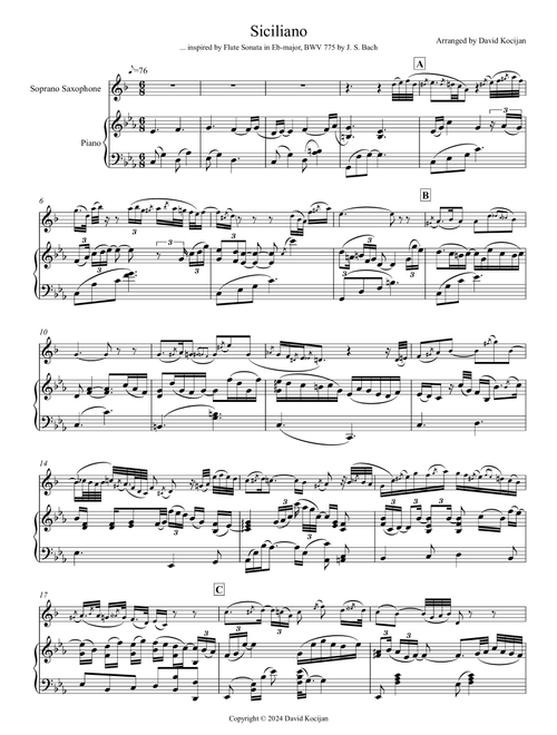 Bach: Siciliano from Flute Sonata in Eb-major (soprano sax & piano) (Arr. David Kocijan) (Soprano Sax and Piano)