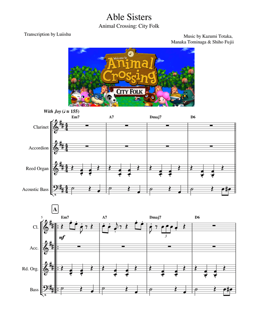 Able Sisters - Animal Crossing: City Folk (Transcription) Sheet music for  Accordion, Organ, Bass guitar, Clarinet other (Mixed Quartet) |  