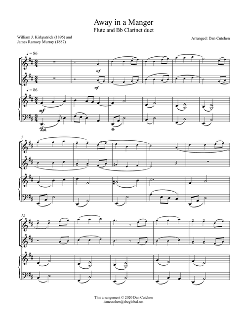 Away in a Manger-duet for flute and clarinet (Arr. Dan Cutchen) - William J. Kirkpatrick (1895) and James Ramsey Murray (1887) (Instrumental Duet and Piano)