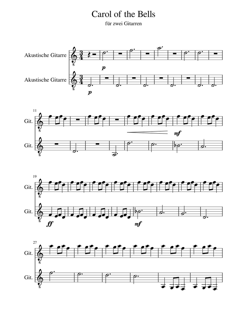 Carol of the Bells Sheet Music for Guitar (Mixed Duet) | MuseScore.com