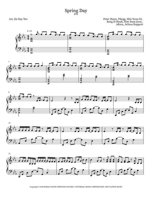 Spring Day (Arr. Jin Kay Teo) - BTS (Piano Solo)