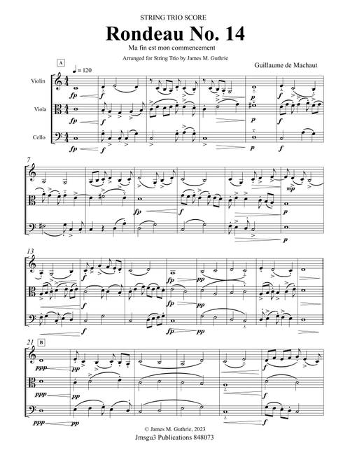 Machaut: Rondeau No. 14 "Ma fin est mon commencement" for String Trio (Arr. James M. Guthrie, ASCAP) - Guillaume de Machaut (1300-1377) (String Ensemble)