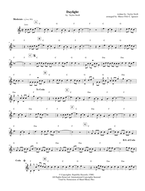 Daylight (Arr. Marco Polo C. Ignacio) - Taylor Swift (Lead Sheet - Fake Book)