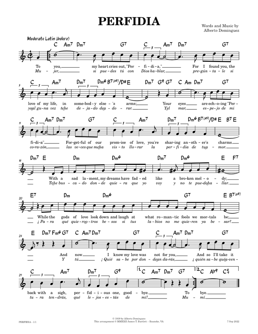 Perfidia [lead sheet] Alberto Dominguez Sheet music for Piano (Solo