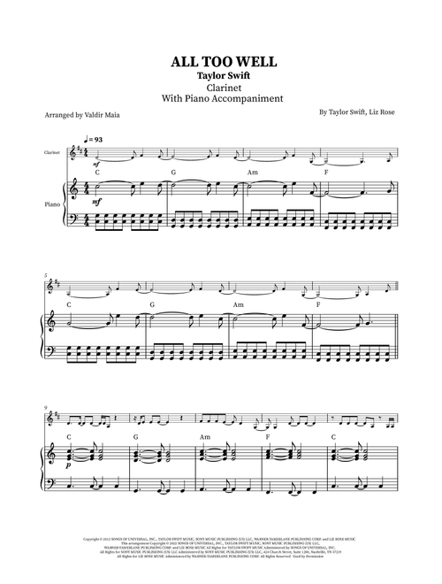 All Too Well (Arr. Valdir Maia) - Taylor Swift (Clarinet and Piano)