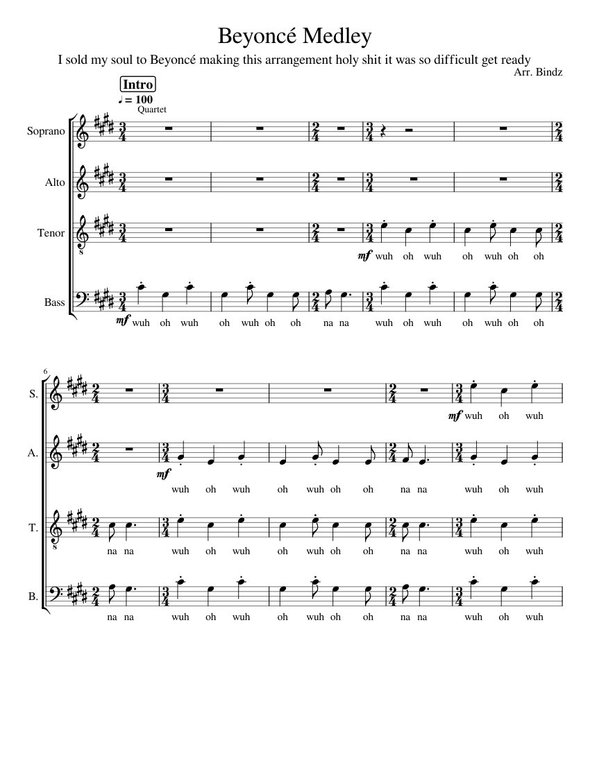Beyoncé Medley Sheet Music for Soprano, Alto, Tenor, Bass voice (Choral ...