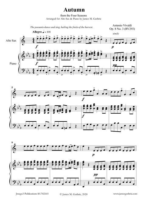 Vivaldi: Autumn from the Four Seasons for Alto Sax & Piano (Arr. James M. Guthrie, ASCAP) - Antonio Vivaldi (Alto Sax and Piano)
