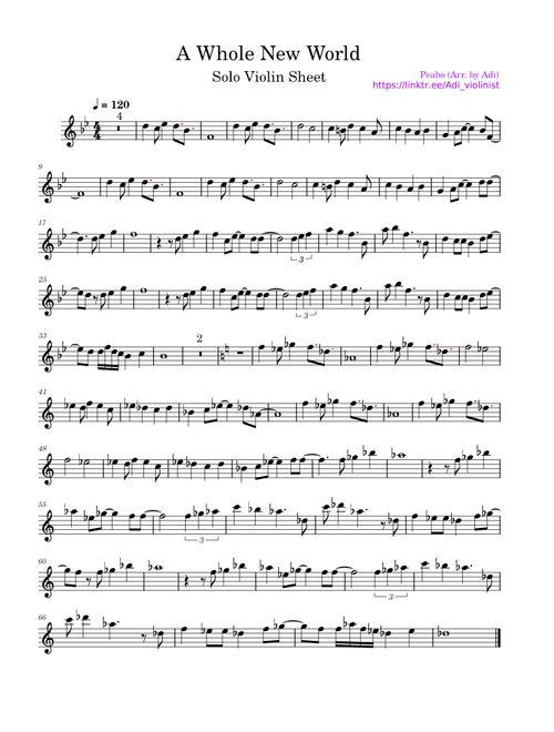 A Whole New World – Peabo Bryson (solo violin sheet)