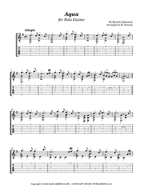 Aqua (Arr. Kenneth Pasciak) - Ryuichi Sakamoto (Guitar Tab)