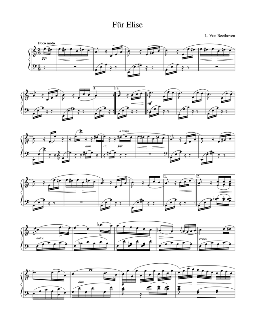 Für Elise L. Von Beethoven Sheet Music for Piano (Solo