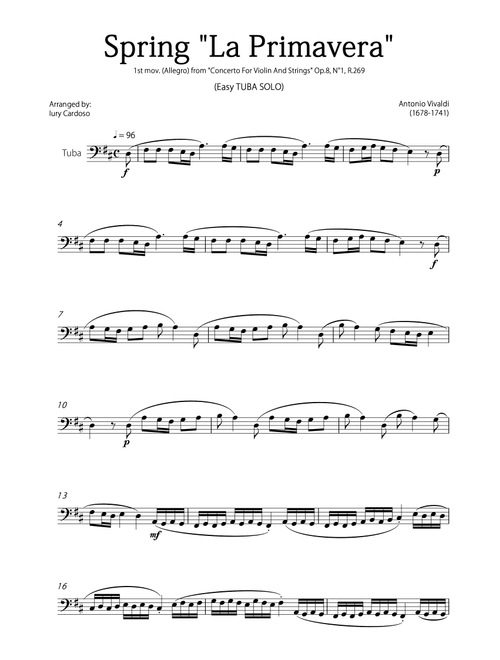 "Spring" (La Primavera) by Vivaldi - Easy version for TUBA SOLO (Arr. Iury Cardoso) - Antonio Vivaldi (Tuba Solo)