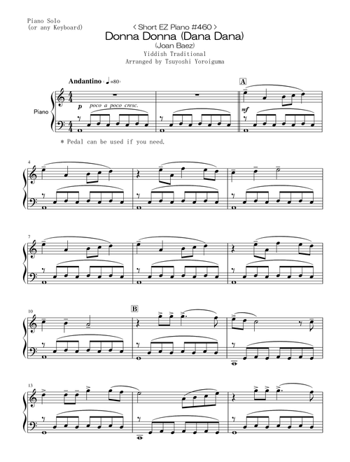 < Short EZ Piano #460 > Donna Donna (Dana Dana) (Joan Baez) (Arr. Tsuyoshi Yoroiguma) - Yiddish Traditional (Easy Piano)
