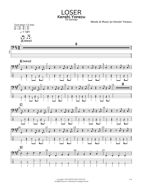 Loser (Arr. bassscore.masspro) - Kenshi Yonezu (Bass Tab)