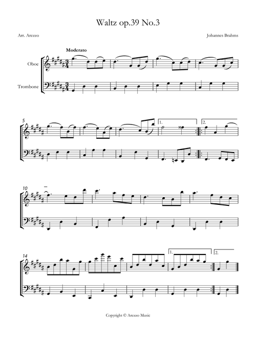 brahms waltz op 39 no 3 Oboe and Trombone sheet music (Arr. Arezzo Music) - Johannes Brahms (Instrumental Duet)