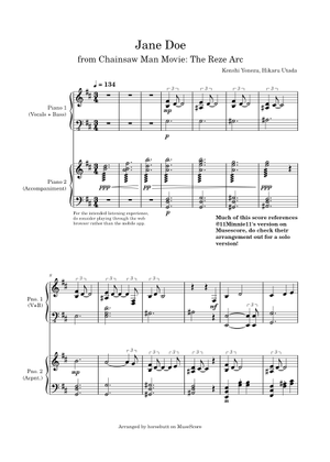 4声女2男2アカペラ譜】JANE DOE-米津玄師,宇多田ヒカル Sheet Music