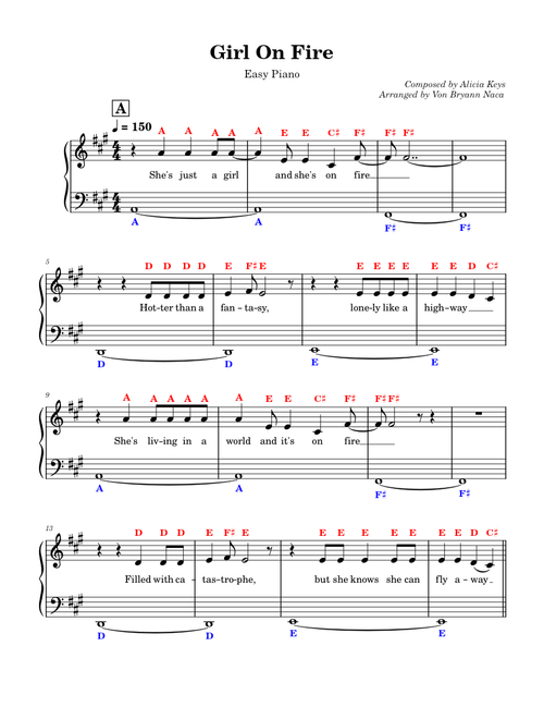 Girl on Fire by  Alicia Keys - Beginner Piano