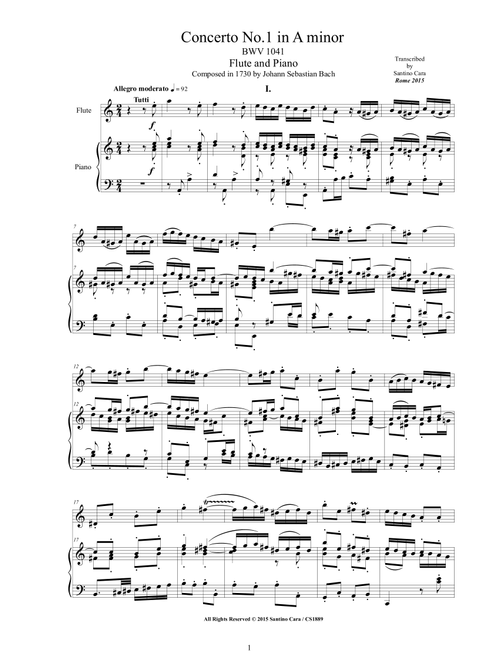 J.S.Bach - Concerto in A minor BWV 1041 Version for Flute and Piano (Arr. Santino Cara) - Bach Johann Sebastian (Flute and Piano)