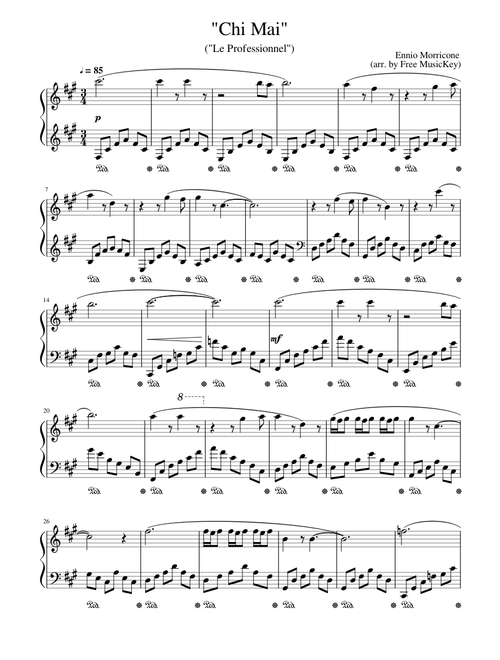 Ennio Morricone "Chi Mai" from ("Le Professionnel") Easy Piano (arr. by Free MusicKey)