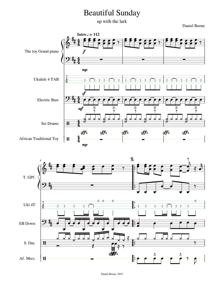 Beautiful Sunday Sheet Music and Tab for Piano, Bass guitar, Drum group ...