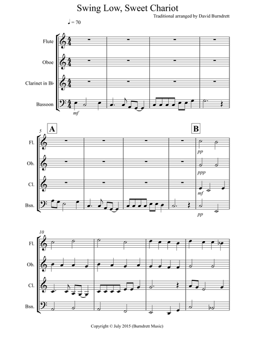 Swing Low, Sweet Chariot for Wind Quartet (Arr. David Burndrett) - Traditional (Woodwind Ensemble)
