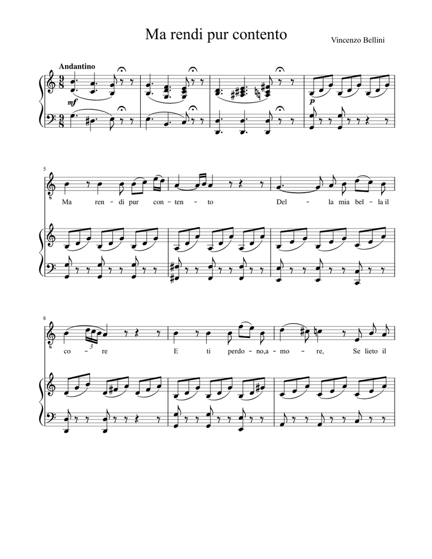 Ma rendi pur contento Sheet Music for Piano, Kazoo (Piano-Voice ...