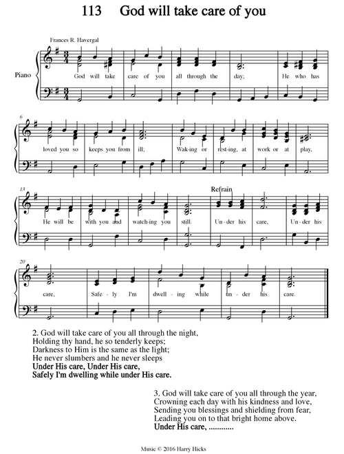 God will take care of you A new tune to a wonderful Frances Ridley Havergal hymn. - Harry Hicks (Choral, Unison)