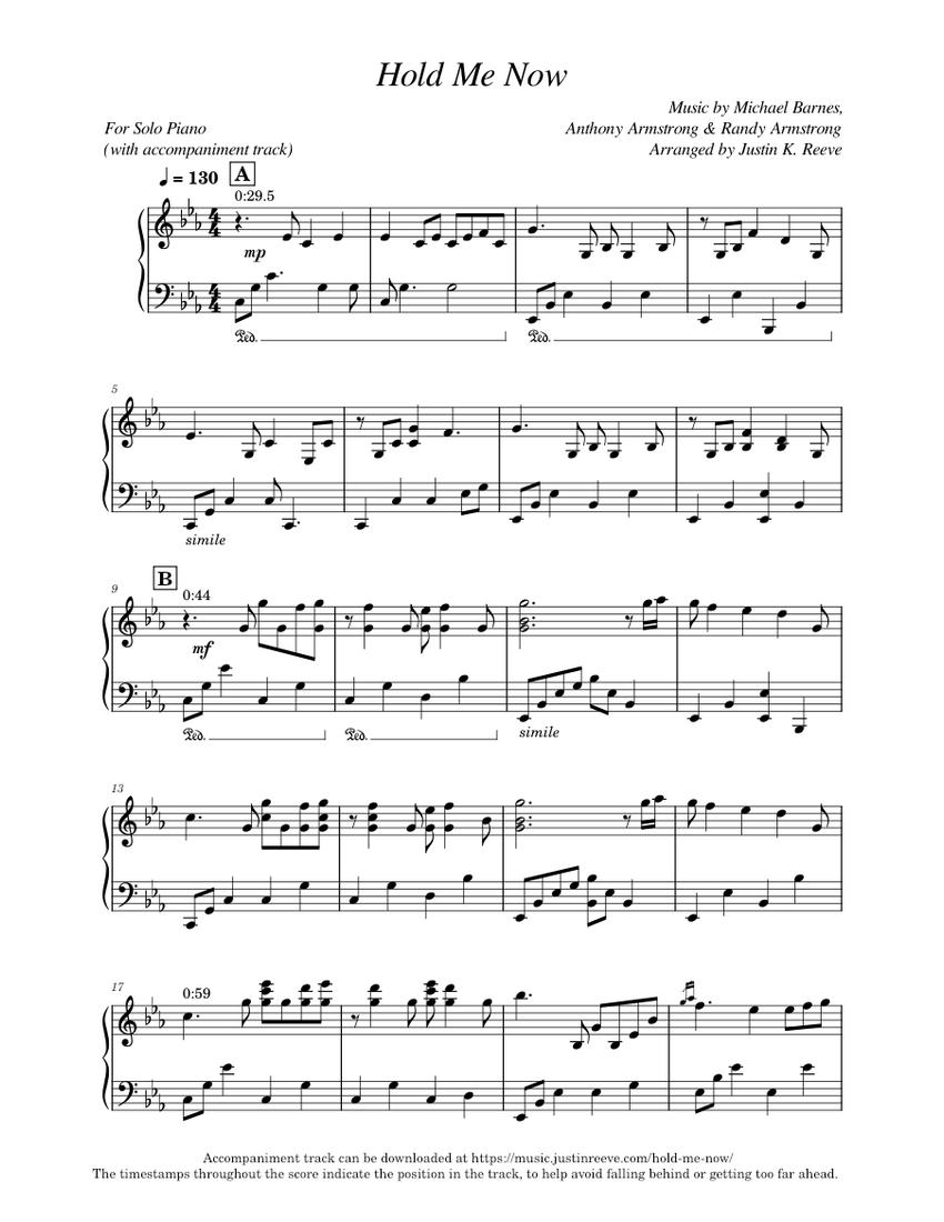 Hold Me Now (RED Cover) - Justin K. Reeve Sheet Music for Piano