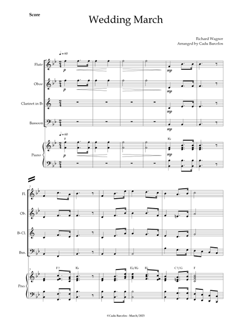 Wedding March (Wagner) Woodwing Quartet Piano and chords (Arr. Cadu Barcelos) - Richard Wagner (Woodwind Ensemble)