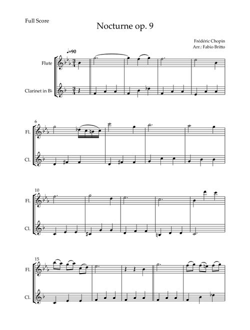 Nocturne Op.9 No. 2 (Frédéric Chopin) for Flute & Clarinet in Bb Duo (Arr. Fabio Britto) (Instrumental Duet)