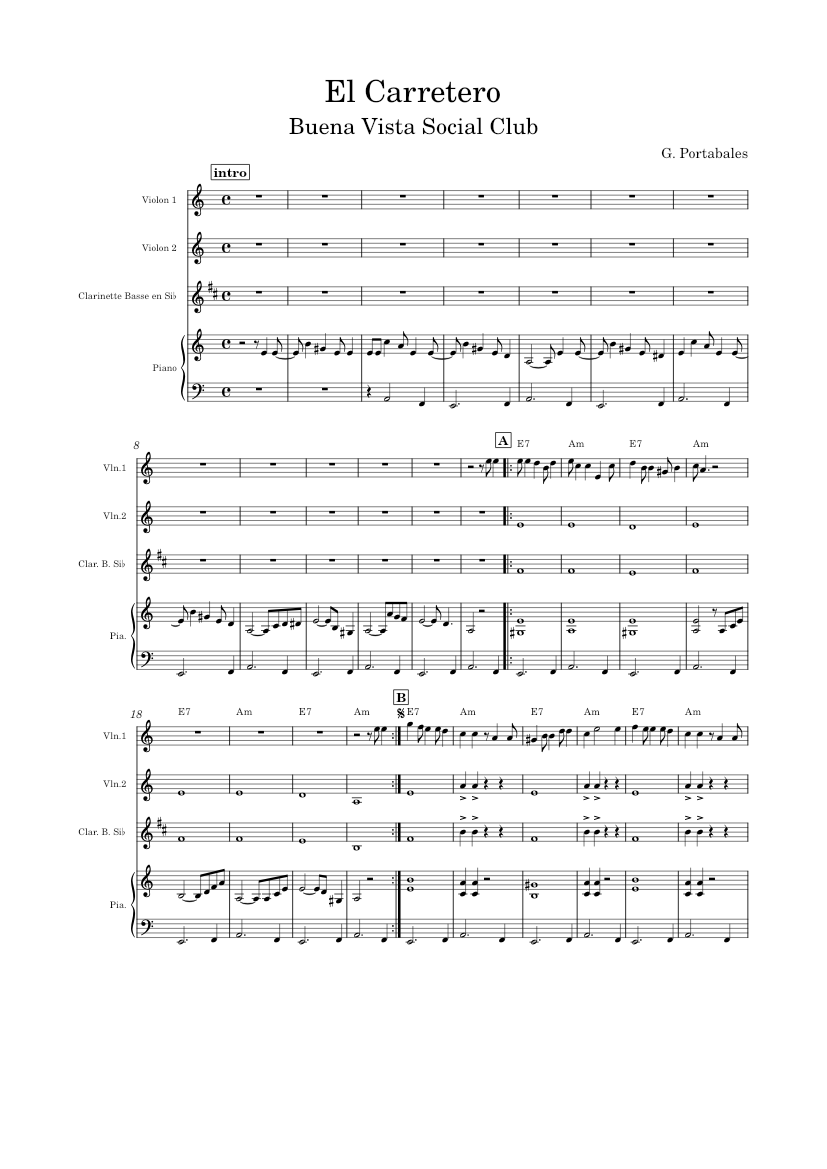El Carretero - Guillermo Portabales Sheet music for Piano, Clarinet bass,  Violin (String Ensemble) 