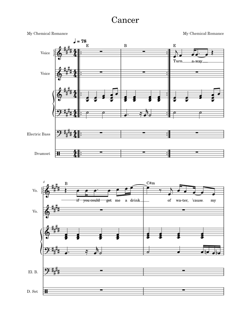 Cancer My Chemical Romance Sheet music for Piano, Vocals, Bass guitar
