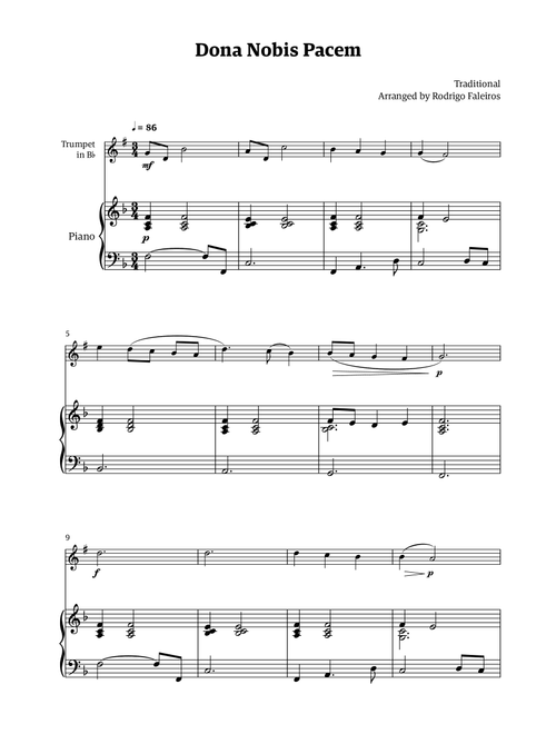Dona Nobis Pacem - for trumpet (with piano accompaniment) (Arr. Rodrigo Faleiros) - Traditional (Trumpet and Piano)