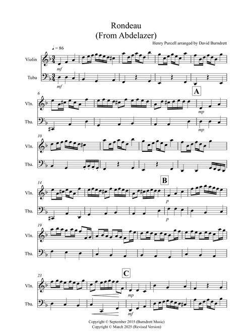 Rondeau (from Abdelazer) for Violin and Tuba Duet (Arr. David Burndrett) - Henry Purcell (Instrumental Duet)