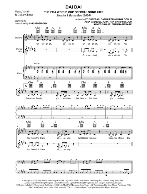 Dai Dai (Arr. Christoph Ohm) - Shakira & Burna Boy (Piano-Vocal-Guitar (Piano Accompaniment))