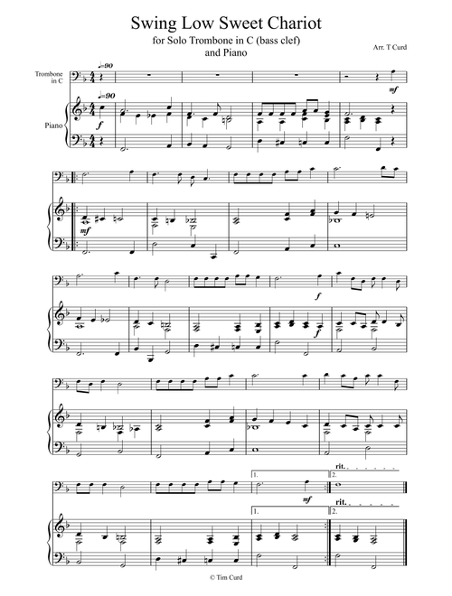 Swing Low Sweet Chariot for Solo Trombone in C (bass clef) and Piano (Arr. Tim Curd) - trad. (Trombone and Piano)