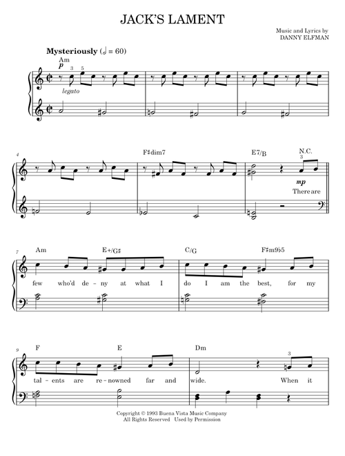 Jack's Lament (from The Nightmare Before Christmas) - Danny Elfman, The Nightmare Before Christmas M (Easy Piano)