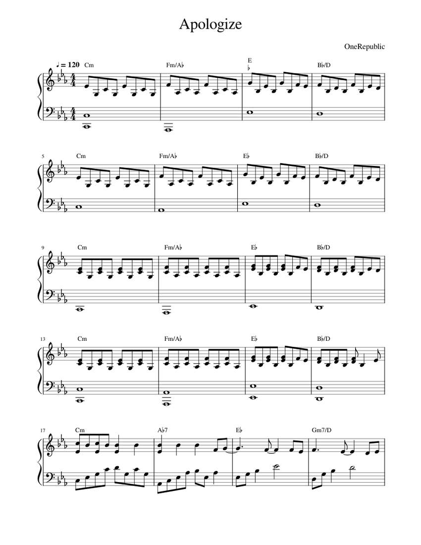 Apologize OneRepublic Sheet music for Piano Solo Easy Musescore