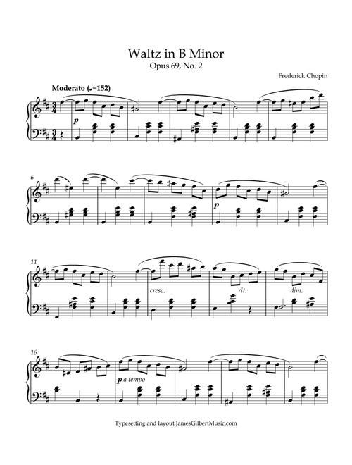 Waltz in B minor, Opus 69 No 2 (Arr. James Gilbert Music) - Frederick Chopin (Piano Solo)