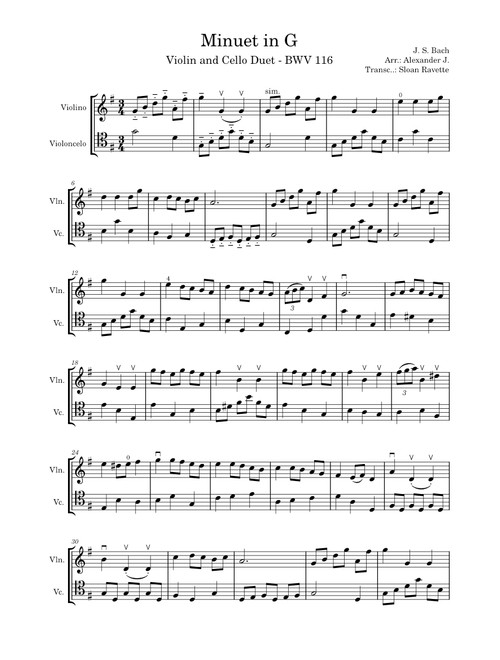 Minuet in G major, BWV Anh. 116 – Johann Sebastian Bach - Arr.: Alexander j. - Transc.: Sloan Ravett