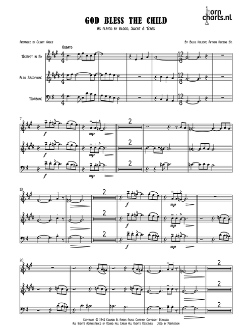 God Bless' The Child (Arr. Gerrit Hager) - Billie Holiday (Small Ensemble)