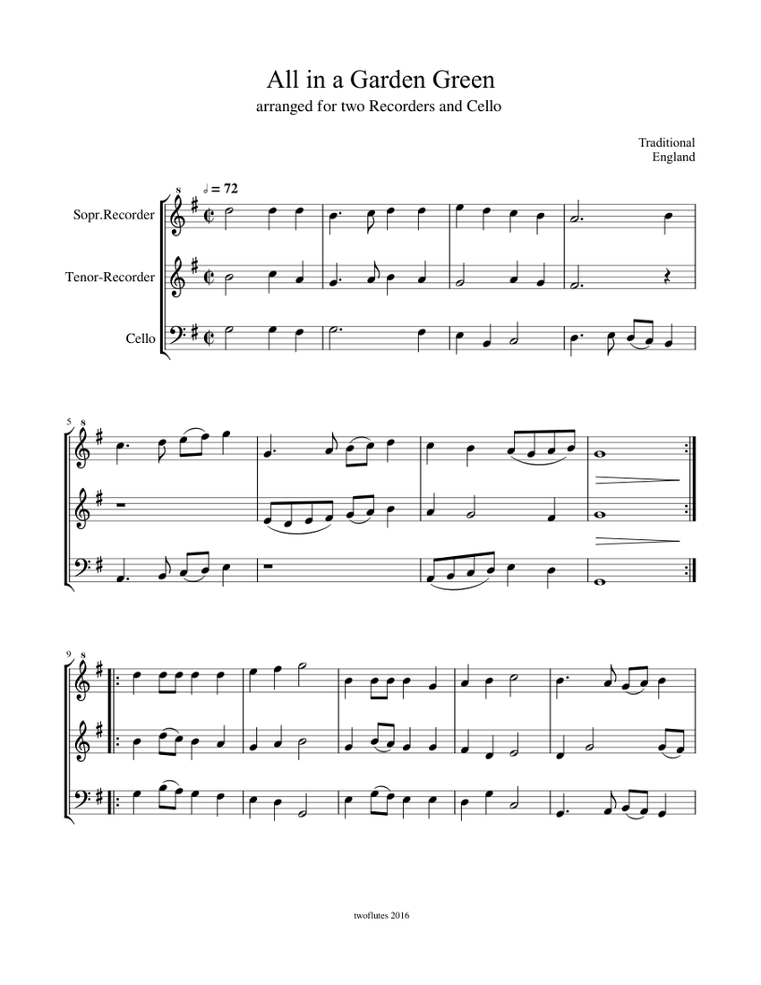 All in a Garden Green Traditional for 2 Recorders & Cello Sheet music