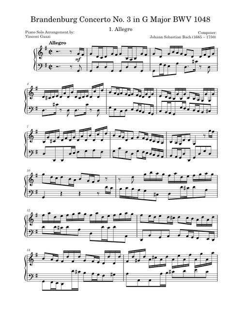 Brandenburg Concerto No.3 in G major, BWV 1048 – Johann Sebastian Bach 1.Allegro (Piano Solo)