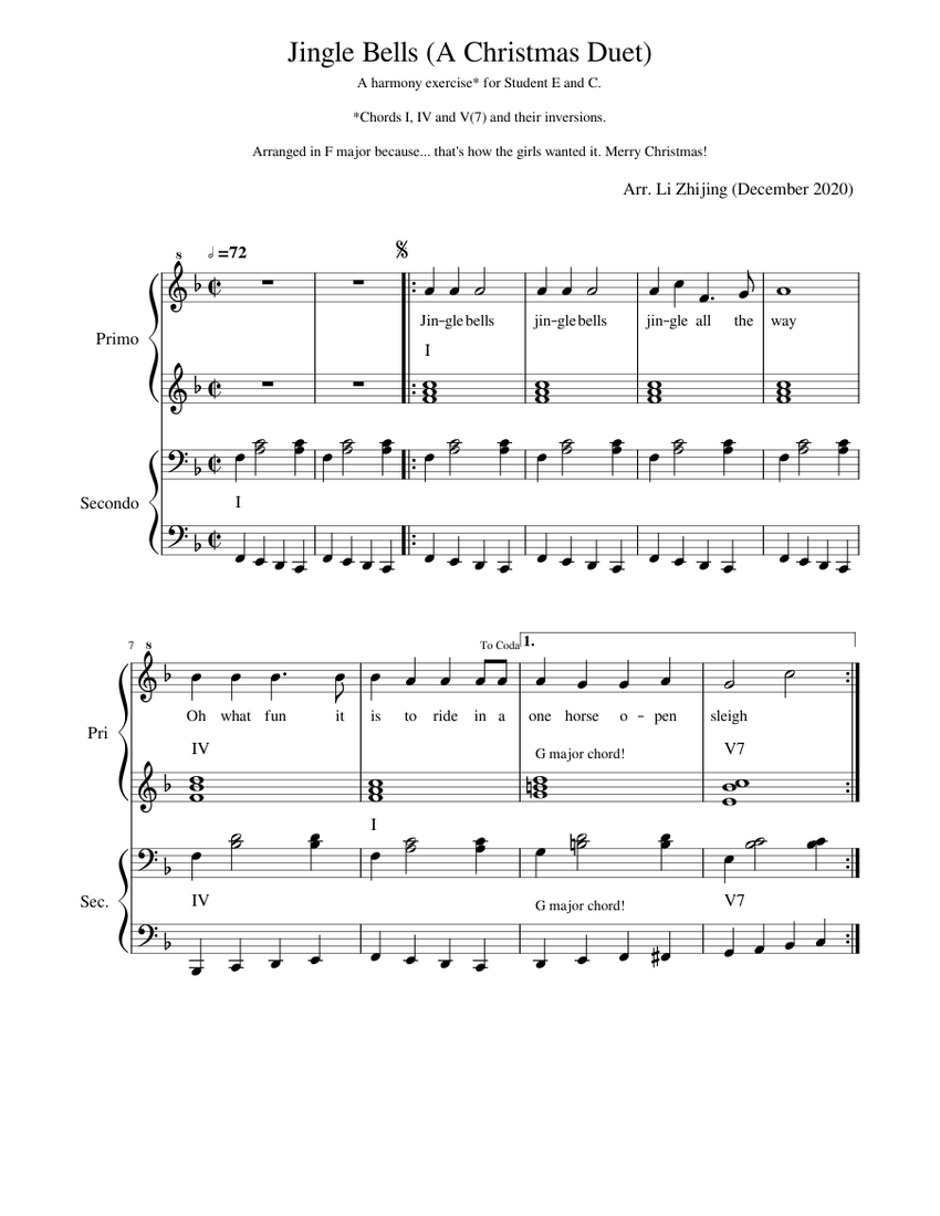 Jingle Bells (A Christmas Duet) Sheet Music with Chords for Piano ...