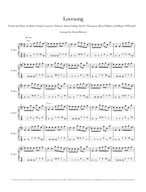 Lovesong (Arr. Daniel Roberts) - The Cure (Bass Tab)