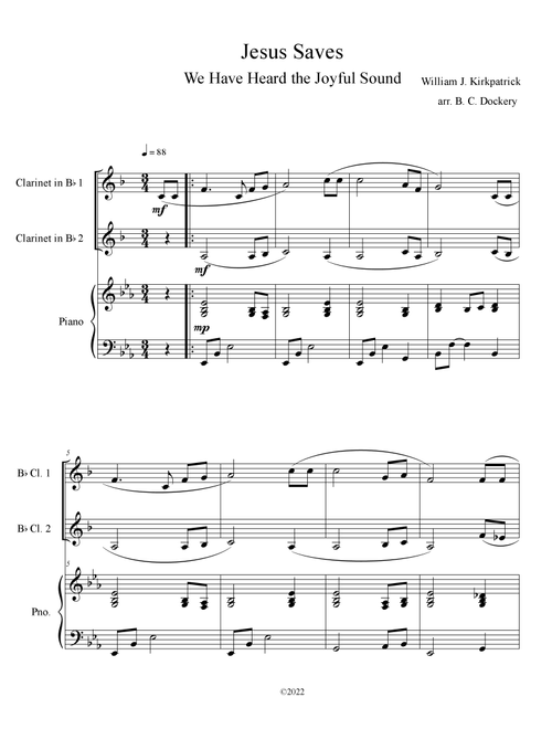 Jesus Saves (Clarinet Duet with Piano Accompaniment) (Arr. B. C. Dockery) - William J Kirkpatrick (Clarinet Duet)