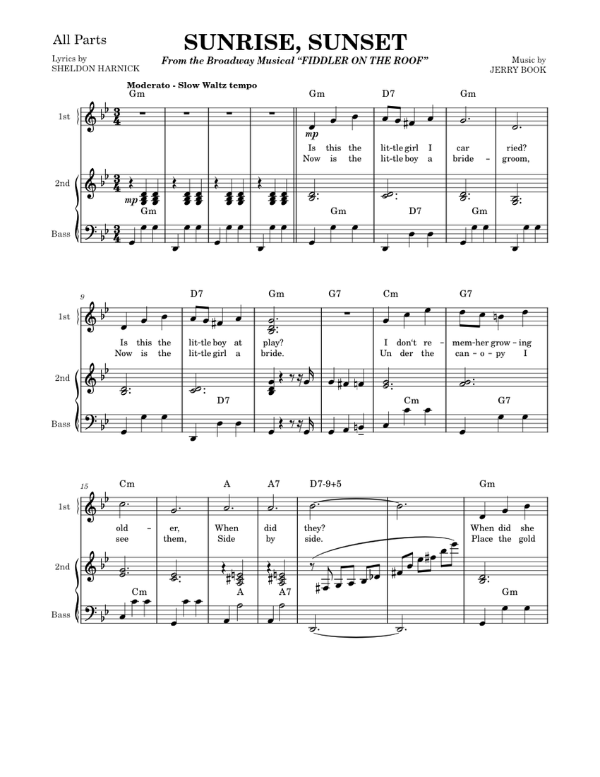 Sunrise, Sunset – Sheldon Harrick, Jerry Bock Sheet Music with