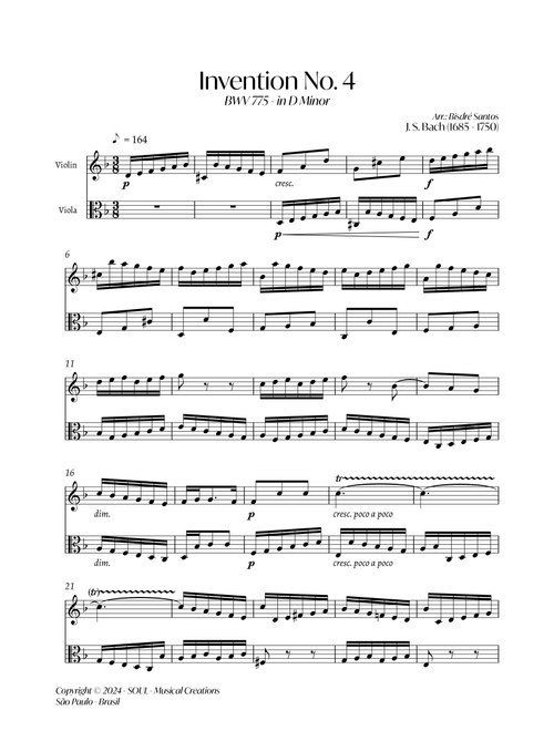 BWV 775 - Invention No. 4 in D Minor (Arr. Bisdre Santos) - J S Bach (Instrumental Duet)